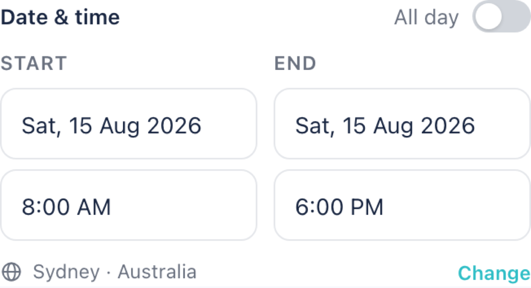 The date and time card, showing start, end, the all-day toggle and the event timezone