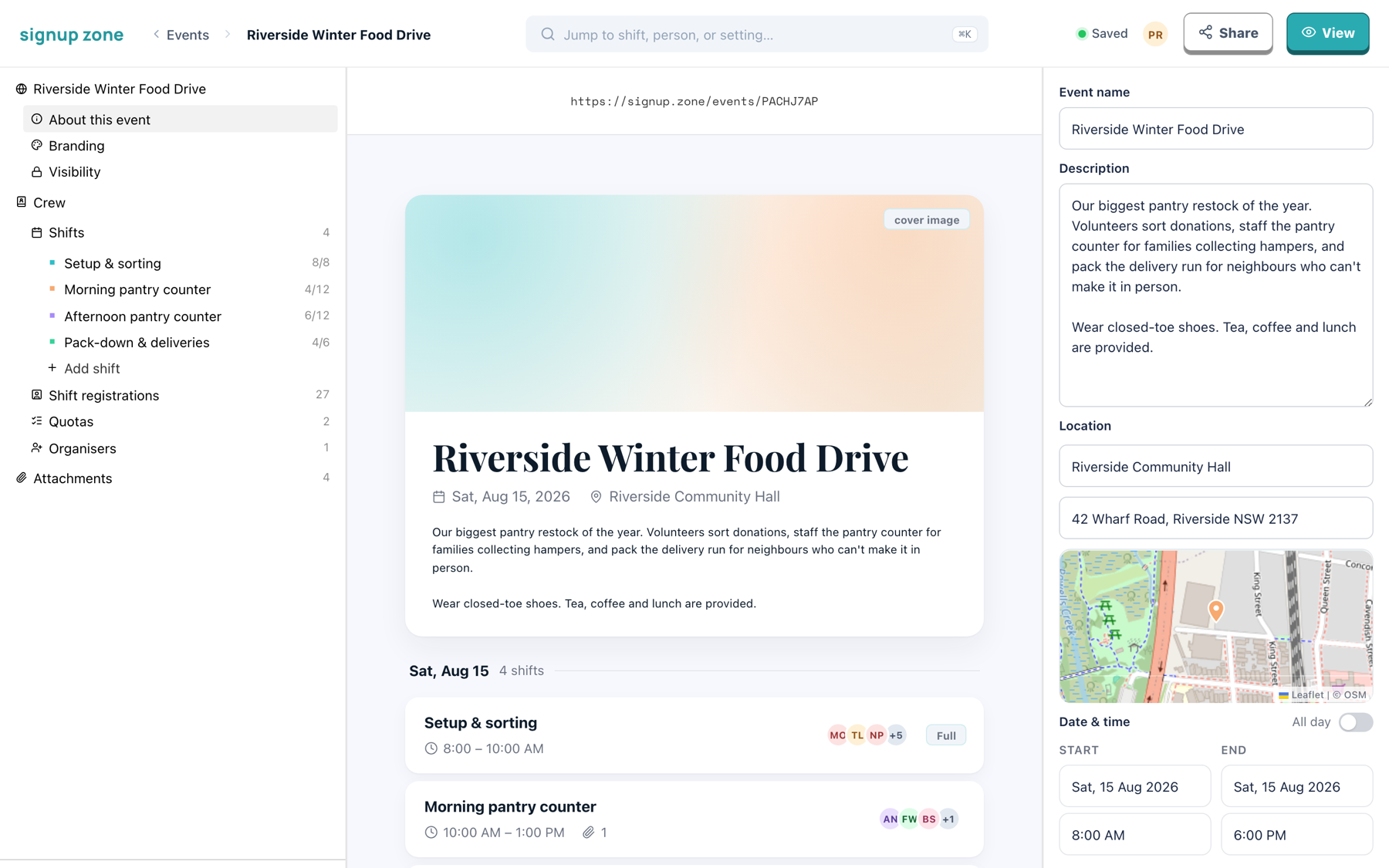 The event editor: navigation on the left, live preview in the middle, settings on the right