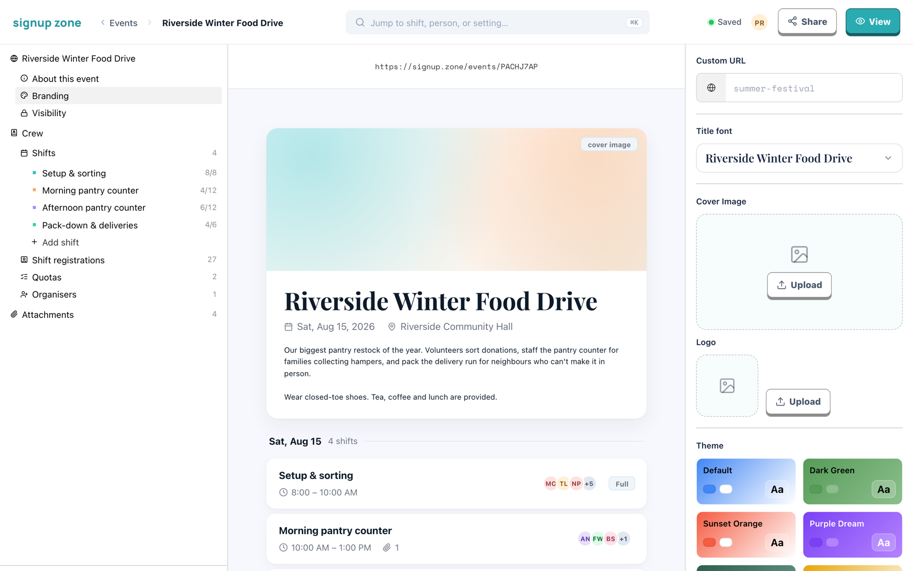 The branding section, with custom URL, title font, cover image, logo and themes