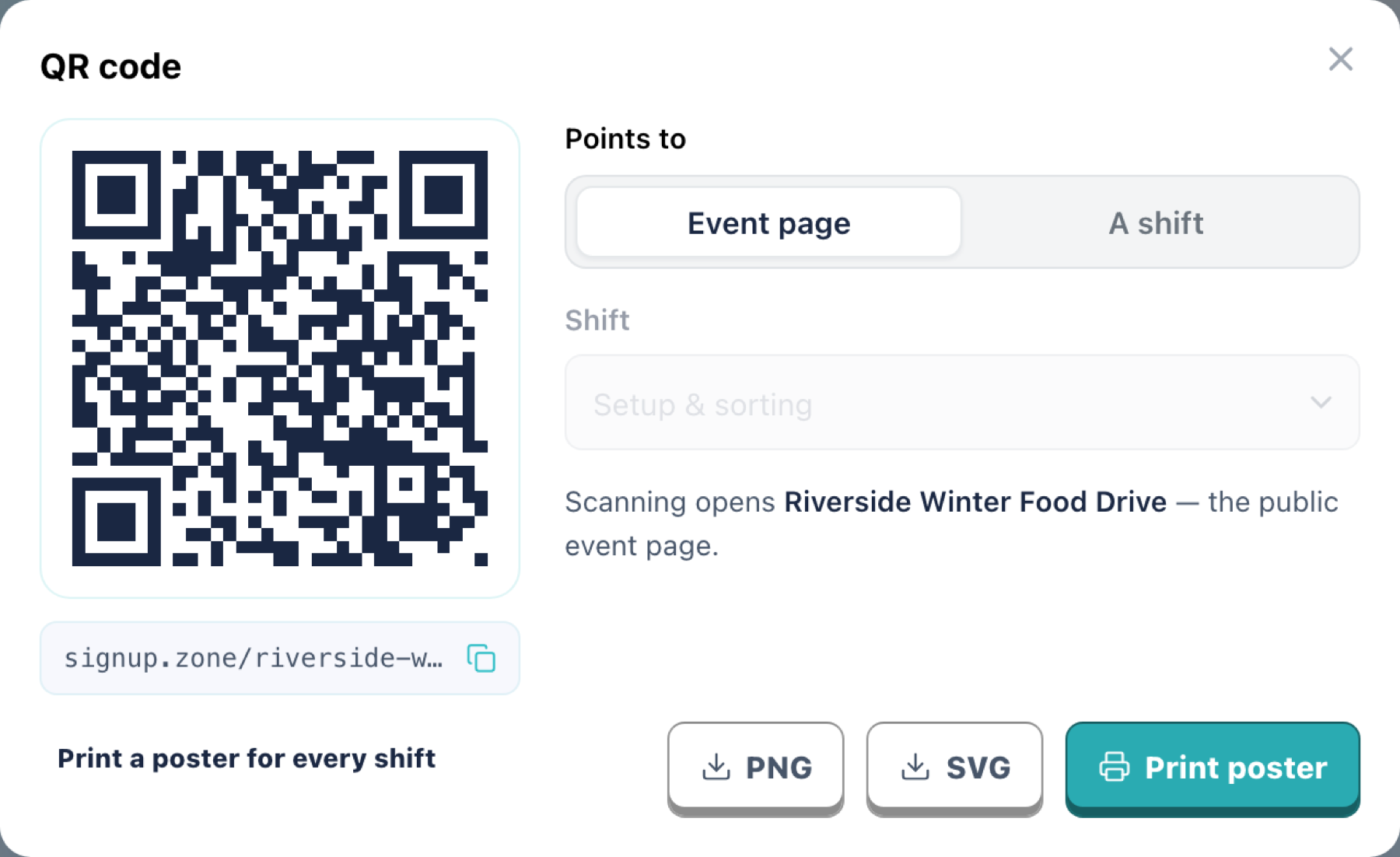 The QR code dialog, with the code on the left and what it points to on the right