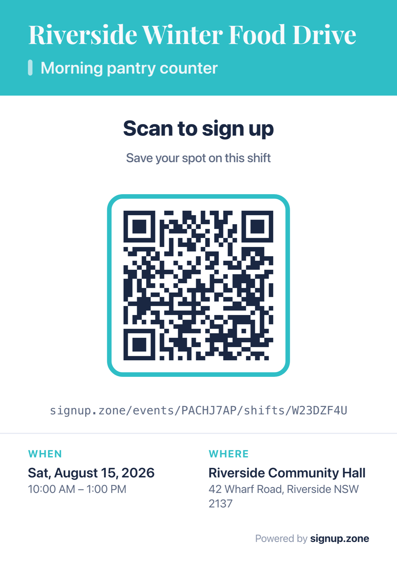 A printed poster: the event name and shift in a coloured band, a large QR code, and the date, time and location beneath