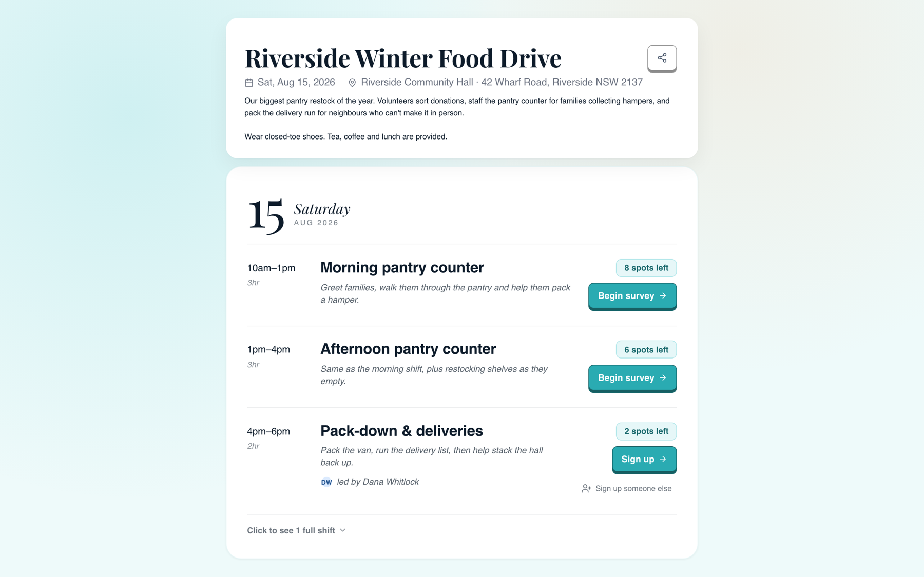 The public event page, listing each shift with its remaining places and a sign-up button