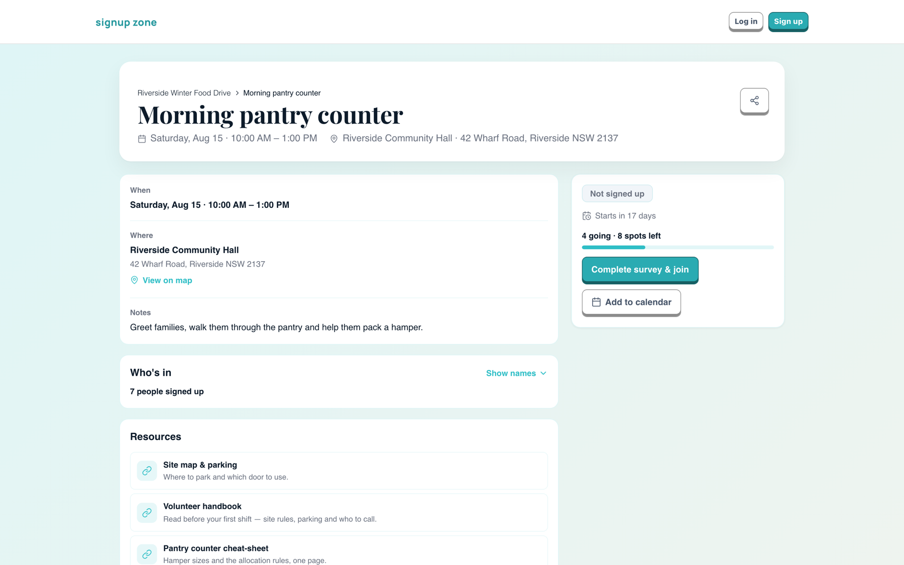 The public shift page, with event-wide and shift attachments listed under Resources