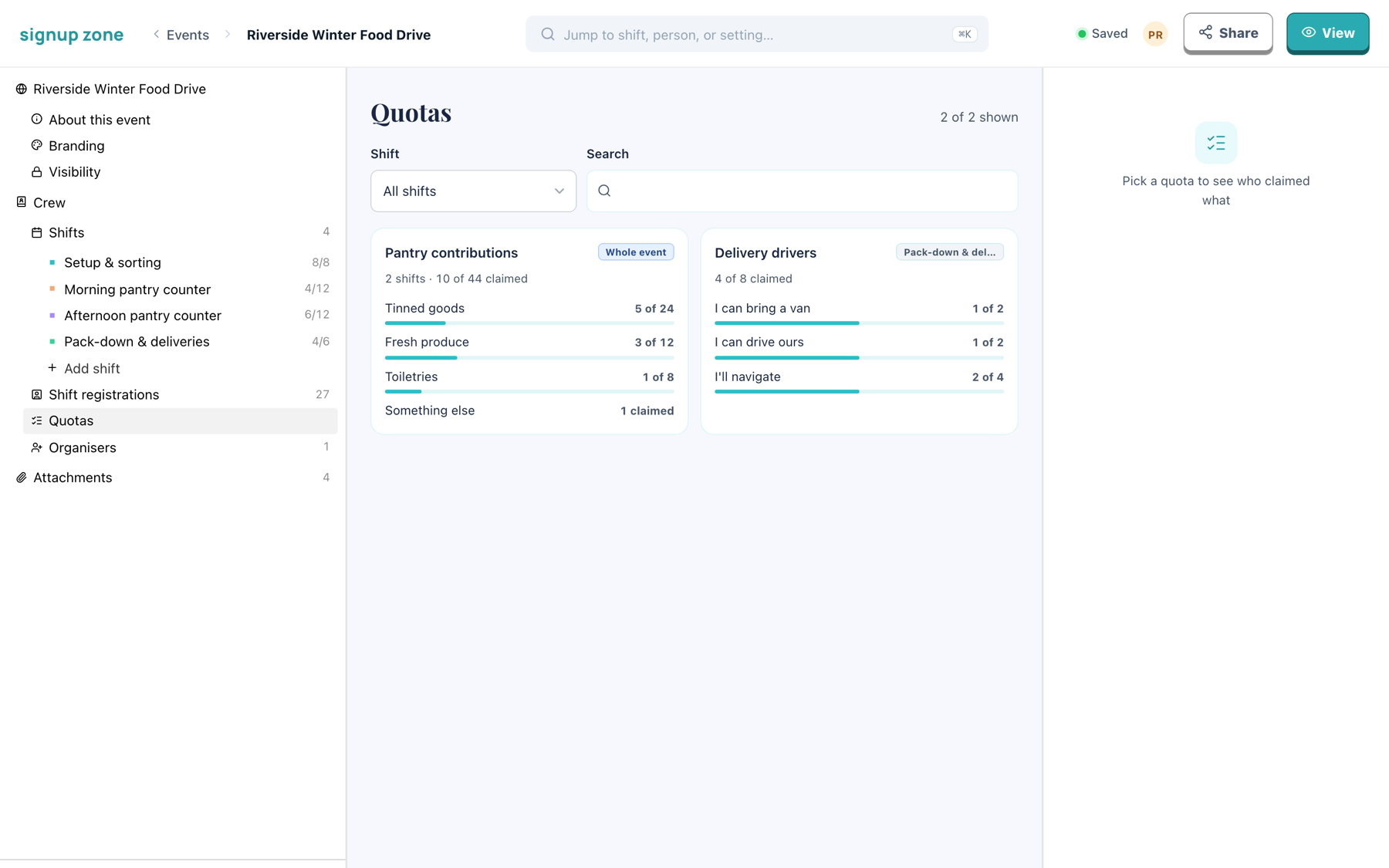 The quotas panel, with a card per quota showing every option's progress