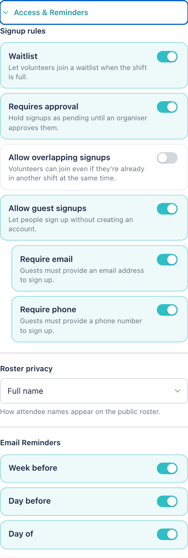 The Access & Reminders section, showing signup rules, roster privacy and reminder toggles
