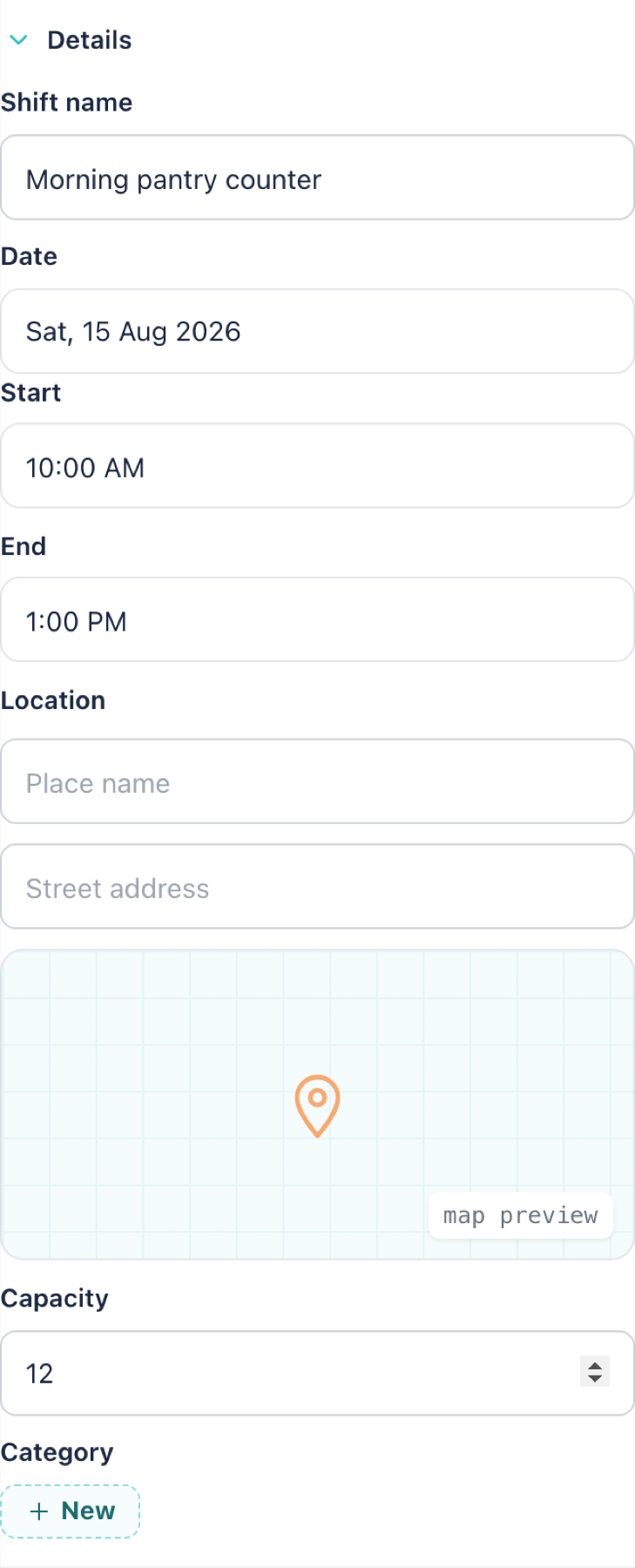 The Details section of a shift, with name, date, times, location and capacity