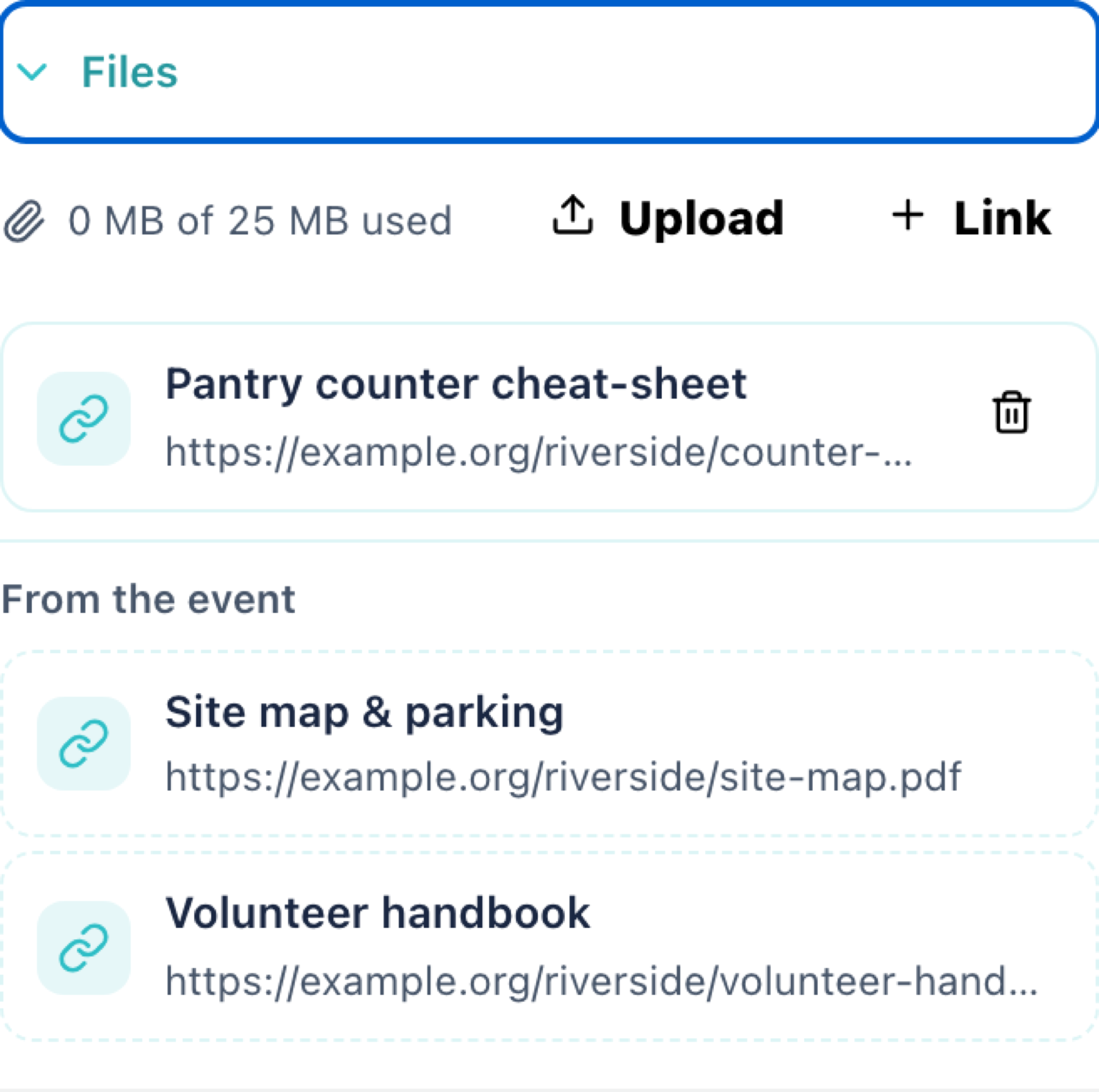 The Files section, showing a shift's own attachment and two inherited from the event