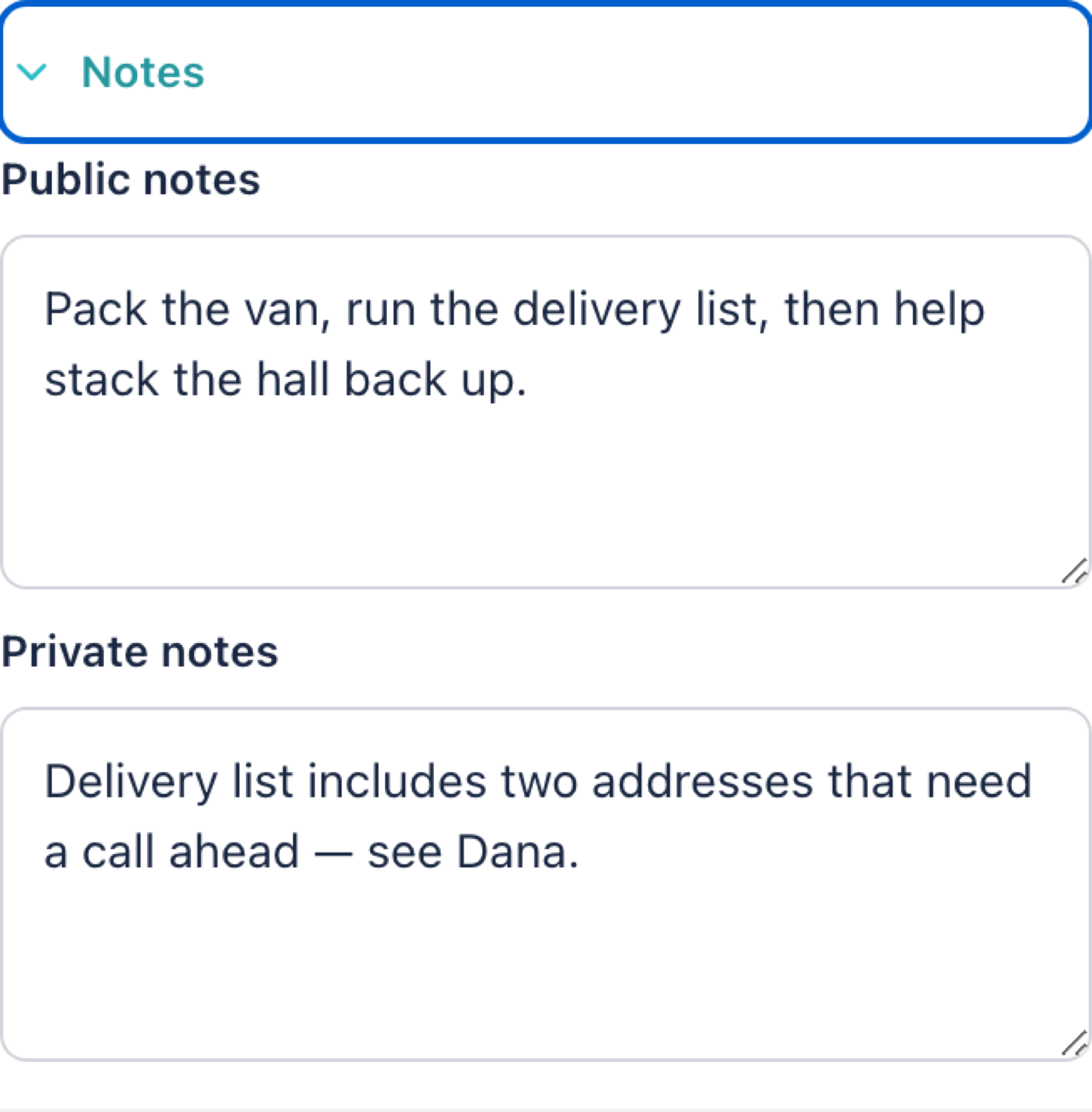 The Notes section, with separate public and private note boxes