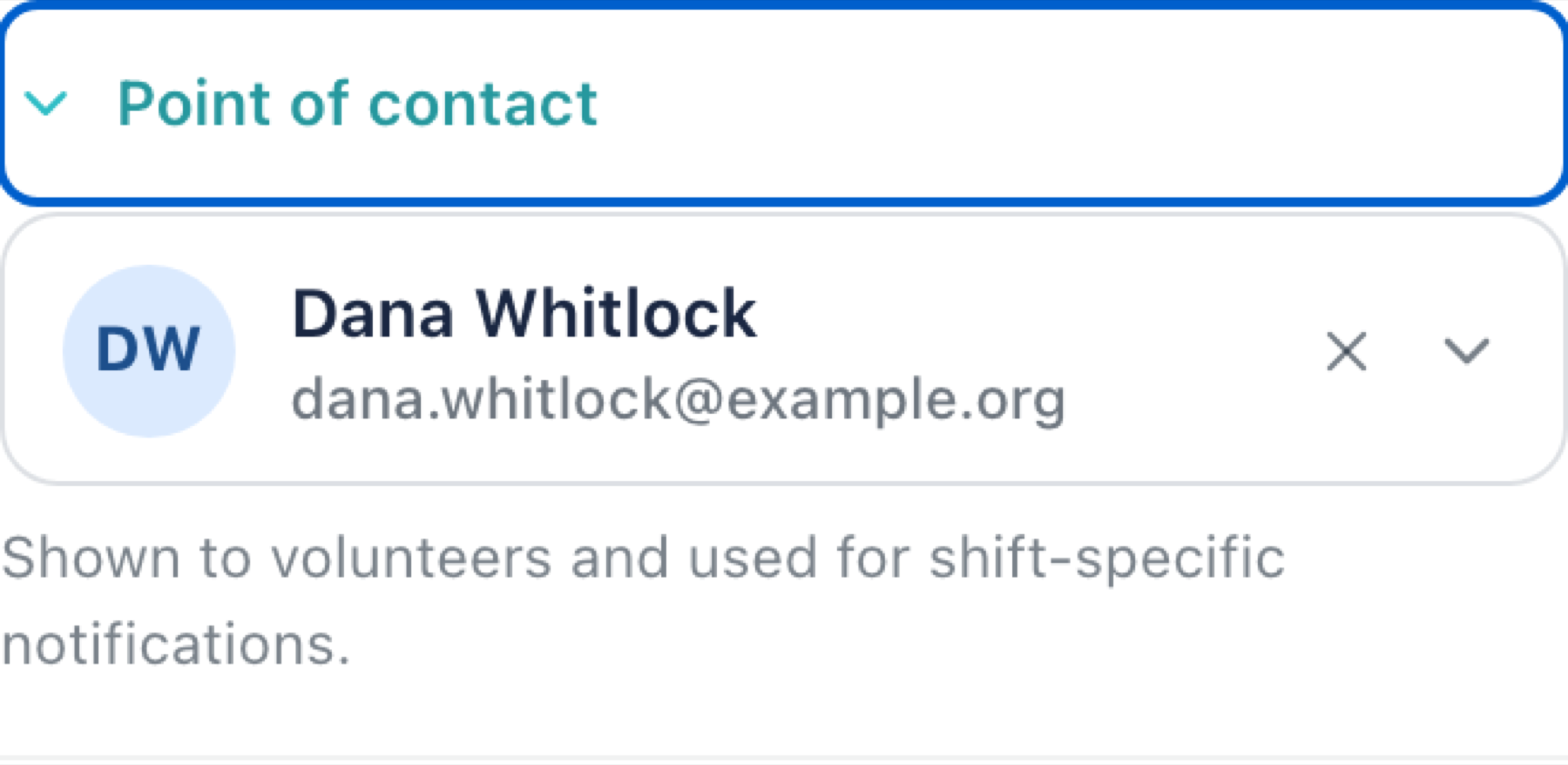 The point of contact for a shift, showing a named person with an email address