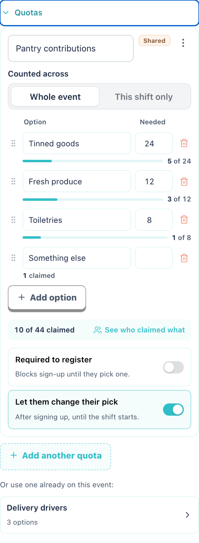 The quota editor inside a shift, showing options, targets and live claim counts