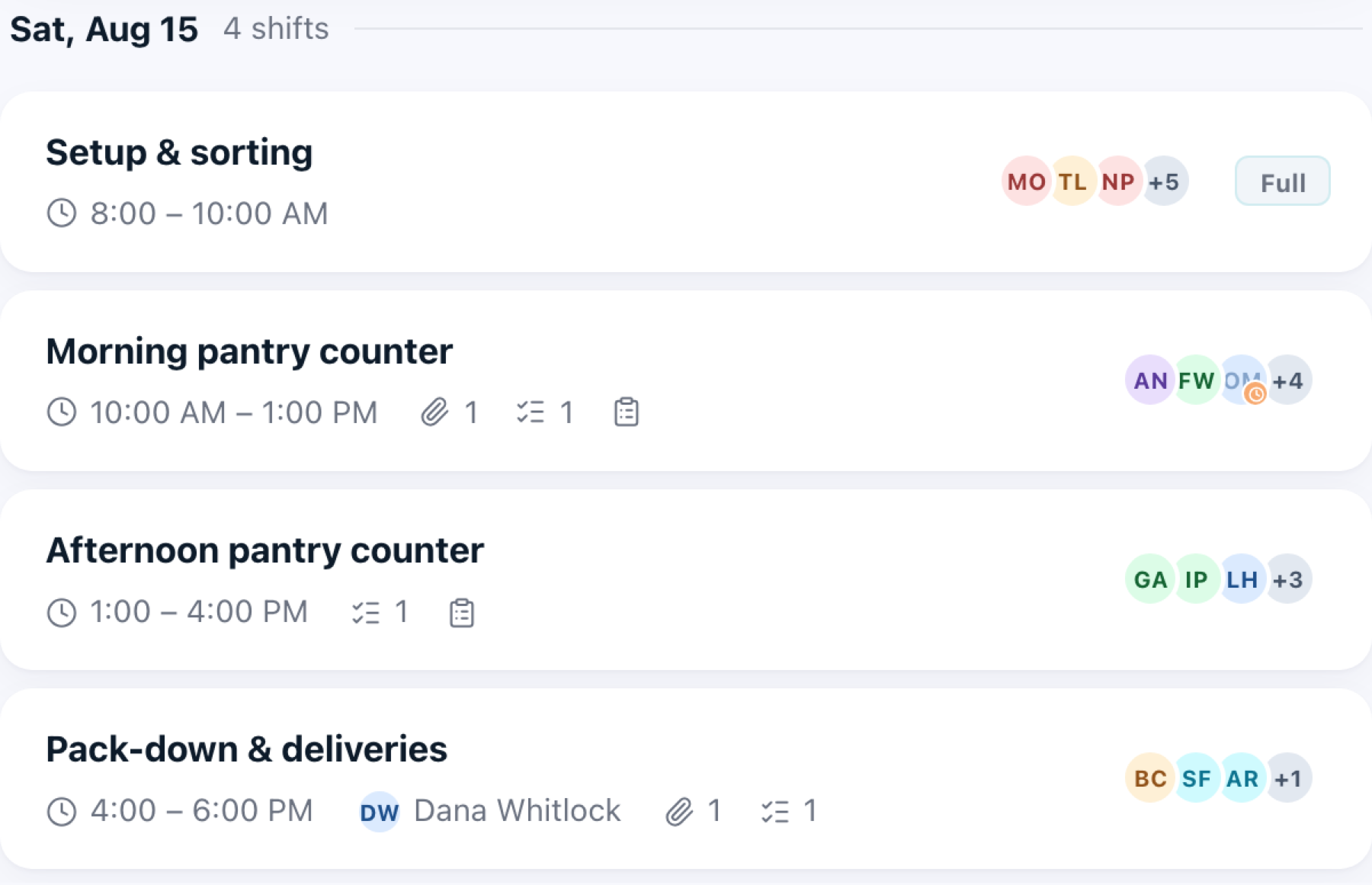 Four shifts grouped under a single day, with times, file, quota and survey icons, who signed up, a clock-marked pending avatar and a Full badge